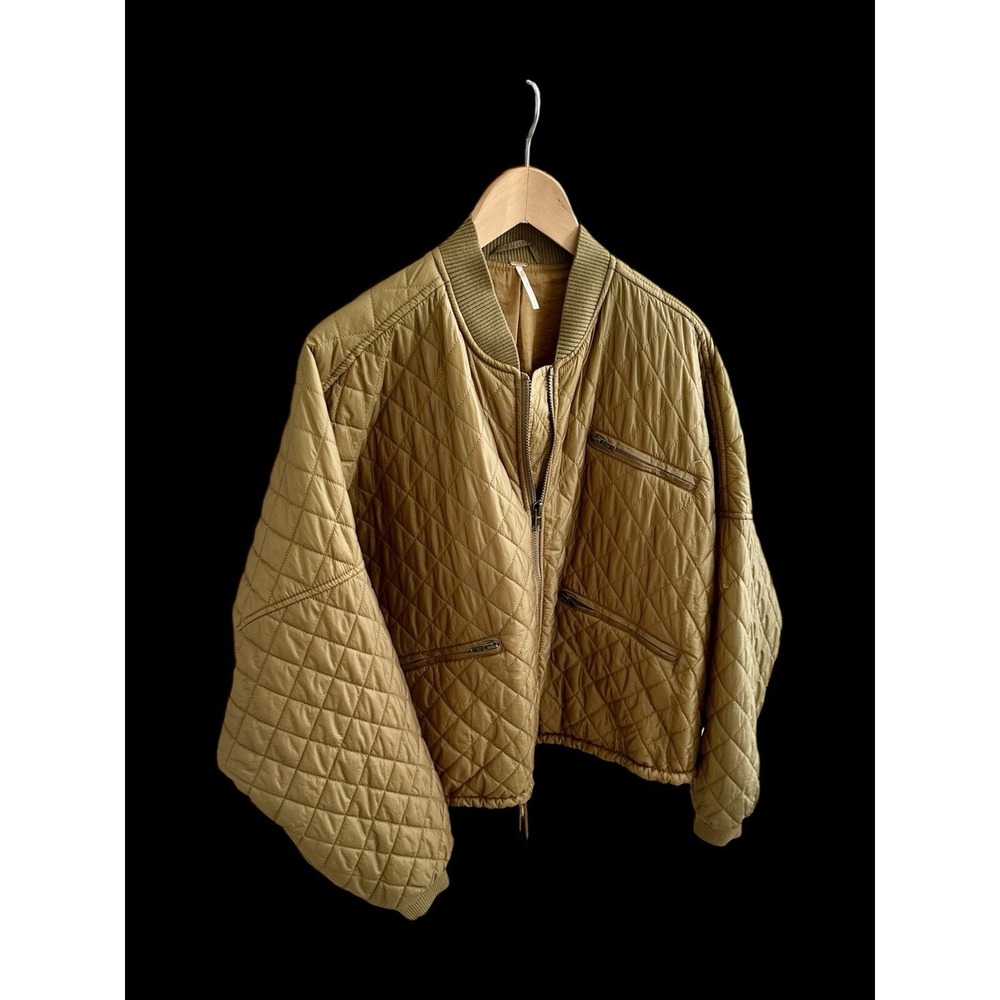 Free People Lightweight Puffer Jacket Womens Sz Medium Sporty Khaki Olive Crop